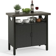 HXULER Outdoor Storage Cabinet Patio Wicker Bar Counter Table 2 Doors Backyard Patio,Black